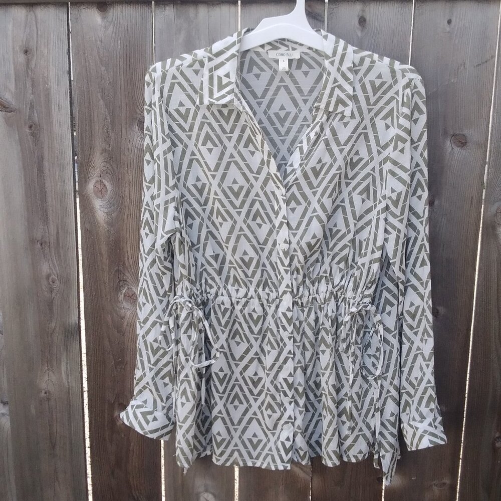 Como Blu blouse swim cover ruched women's large rayon long sleeve collar button